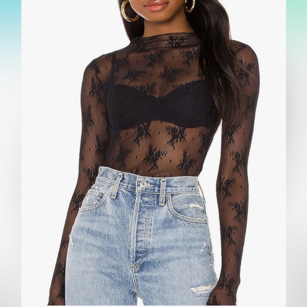 NEVER WORN Black Lace Sheer Top Long Sleeve